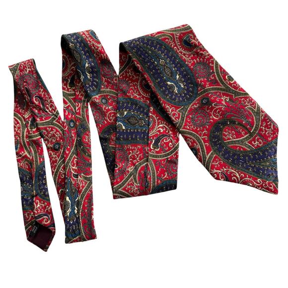 Ted Lapidus vintage 100% silk classic paisley tie red blue olive 3.75" w - Picture 3 of 5